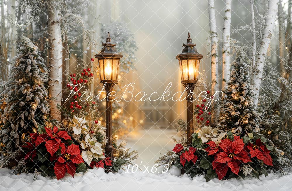 Kate Weihnachten Laternen Birken Schneelandschaft Fleece Hintergrund Entworfen von Emetselch - Kate Backdrop.de