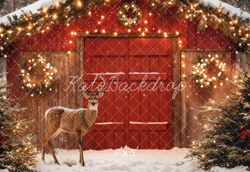 Kate Weihnachten Hirsch Rote Tür Winter Hintergrund Entworfen von Emetselch - Kate Backdrop.de