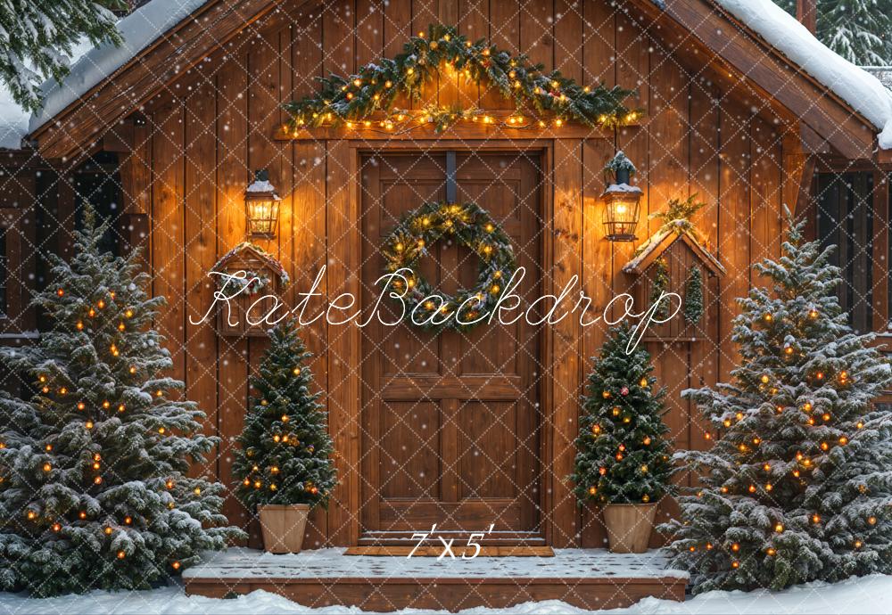 Kate Weihnachten Holzhaus Schneetannen Warmlicht Hintergrund Entworfen von Emetselch