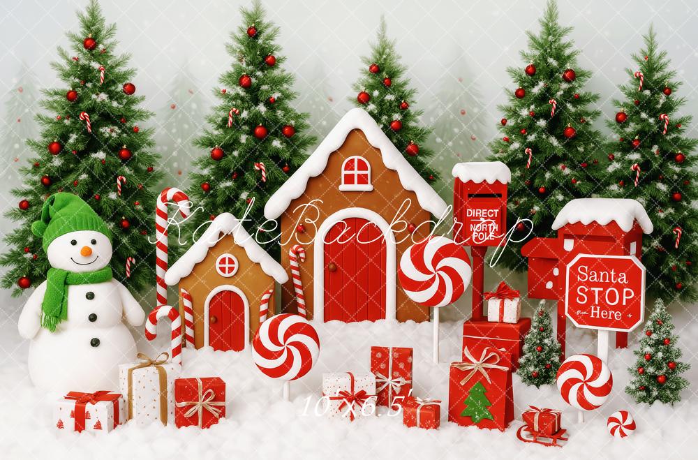 Kate Weihnachten Lebkuchenhaus Schneemann Rot Hintergrund Entworfen von Patty Roberts - Kate Backdrop.de