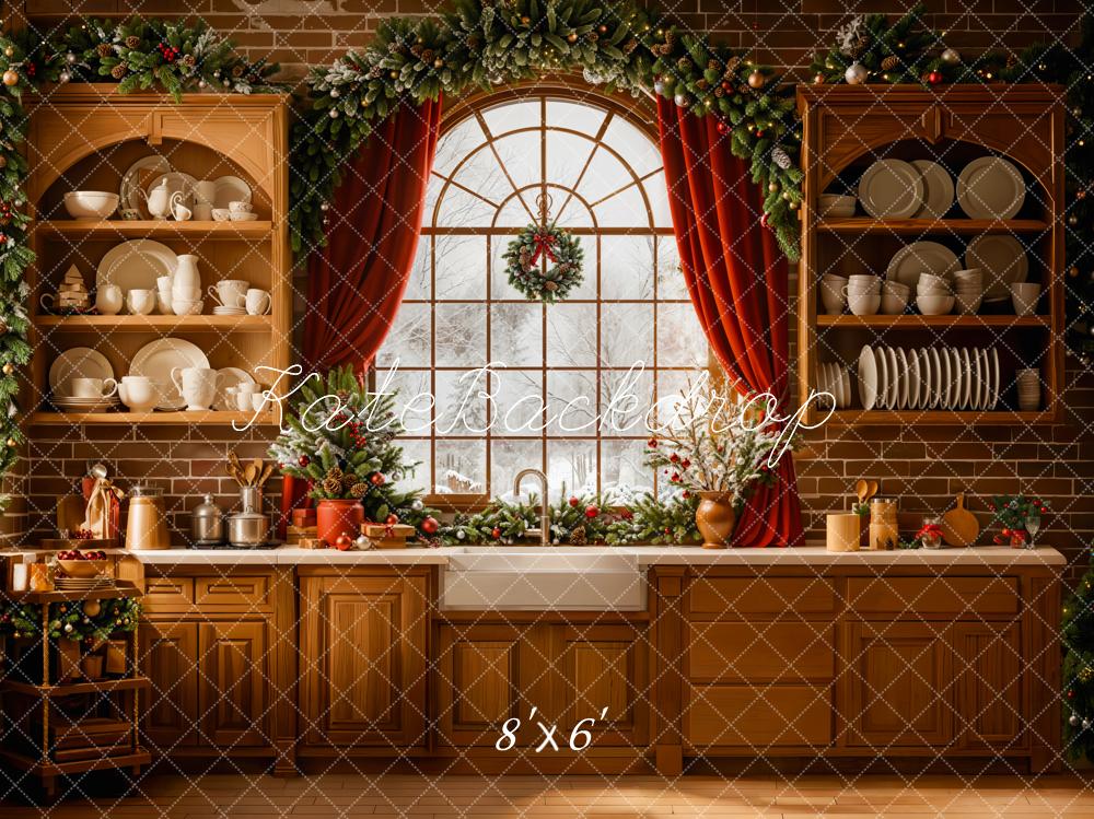 Kate Weihnachten Küche Fenster Dekoration Fleece Hintergrund Entworfen von Emetselch - Kate Backdrop.de