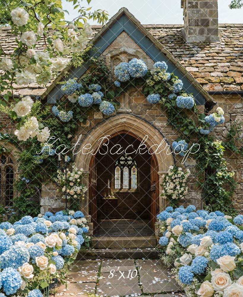 Kate Hochzeit Steinhaus Blaue Hortensien Romantisch Fleece Hintergrund Entworfen von Emetselch