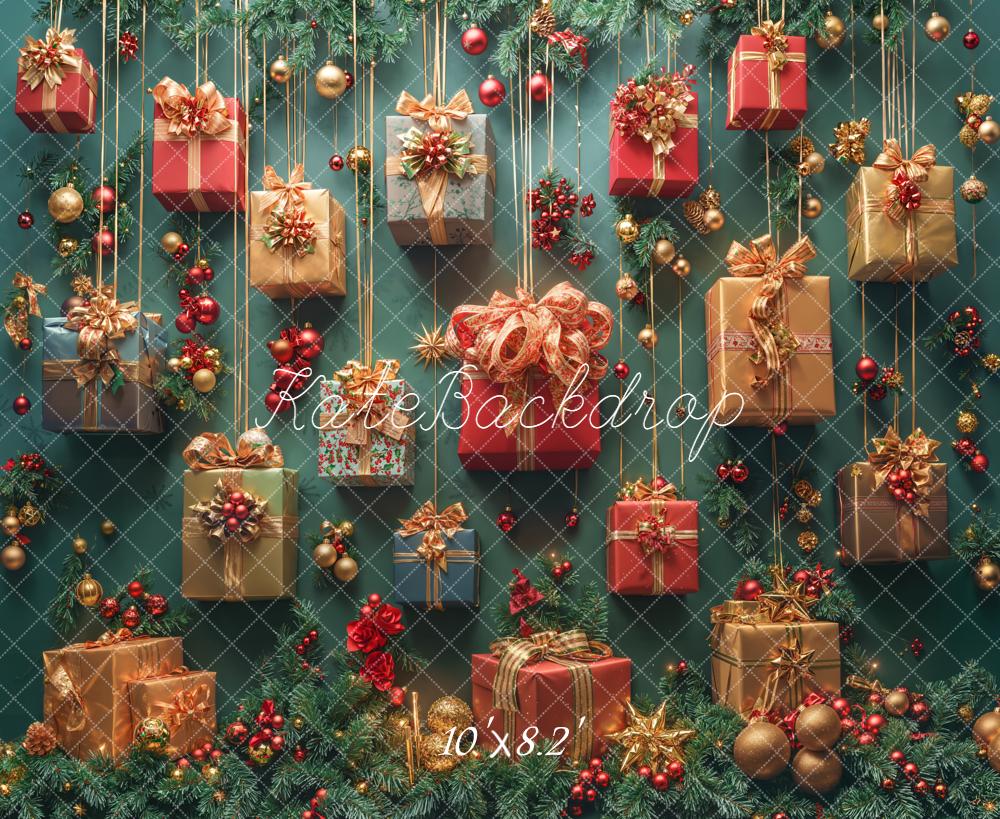 Kate Weihnachten Geschenke Tannenzweige Rotgold Hintergrund Entworfen von Emetselch - Kate Backdrop.de