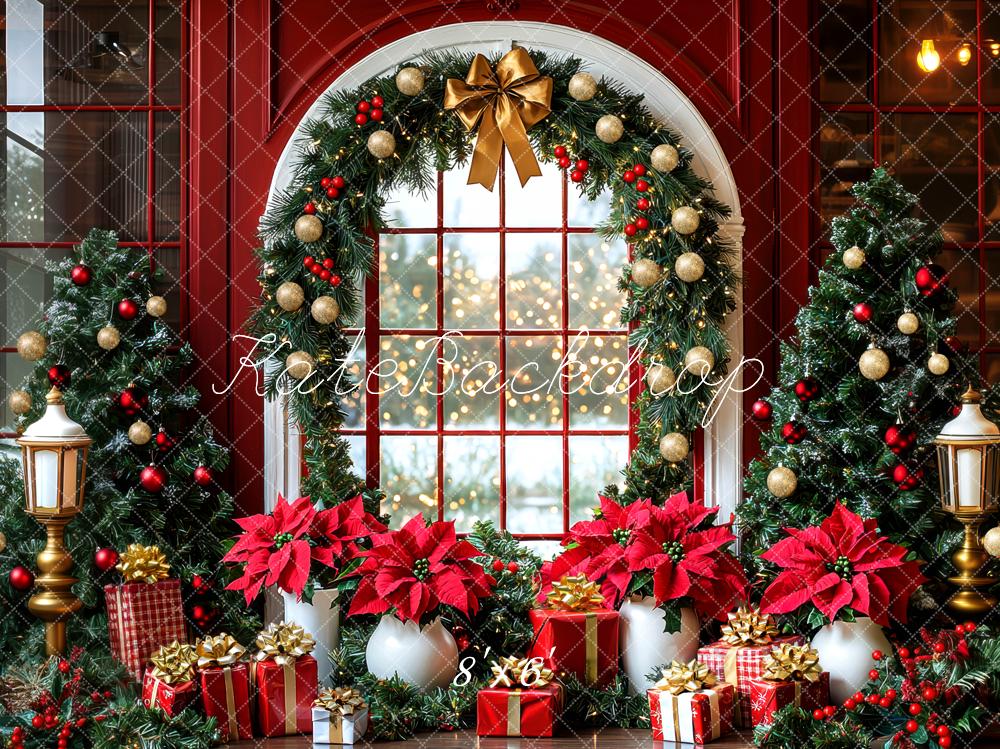 Kate Weihnachten Fenster Kranz Poinsettien Hintergrund Entworfen von Mini MakeBelieve - Kate Backdrop.de