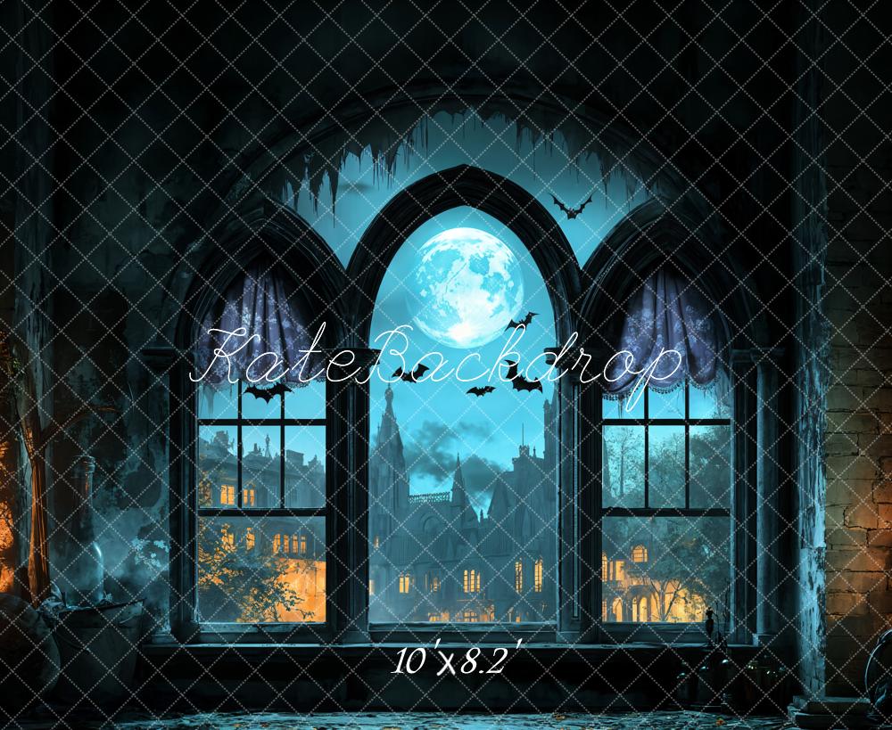 Kate Halloween Fenster Mond Fledermäuse Blau Hintergrund Entworfen von Emetselch