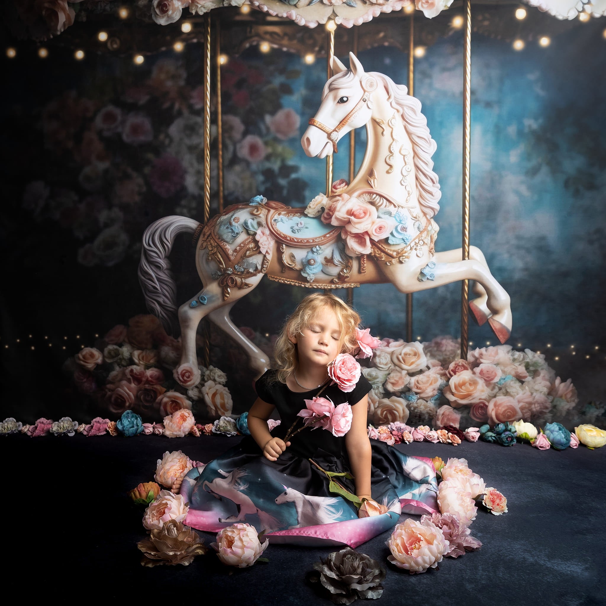 Kate Festlicher Blumen Hintergrund für Pferde von Patty Roberts - Kate Backdrop.de