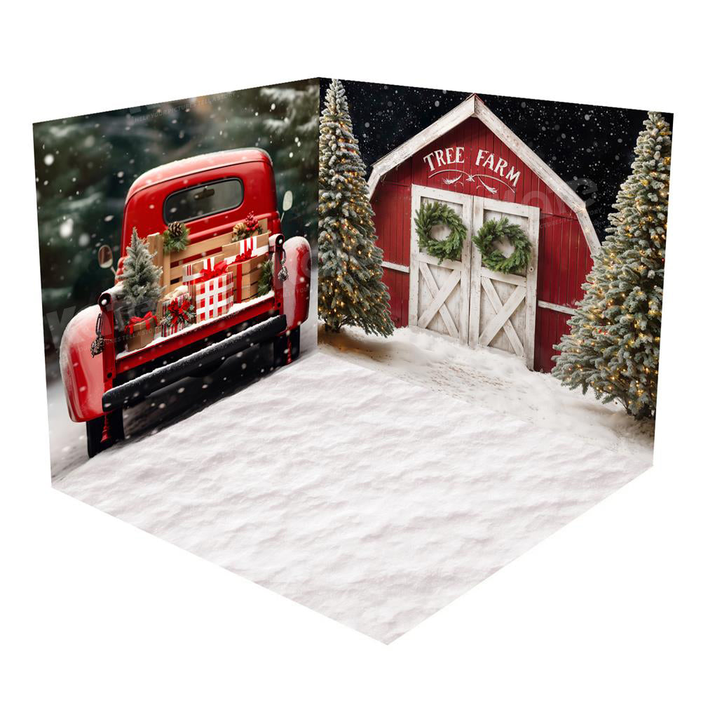 Kate Weihnachten Rotes Auto Winterbaum Bauernhof Schnee Zimmer Set (8ftx8ft&10ftx8ft&8ftx10ft) - Kate Backdrop.de
