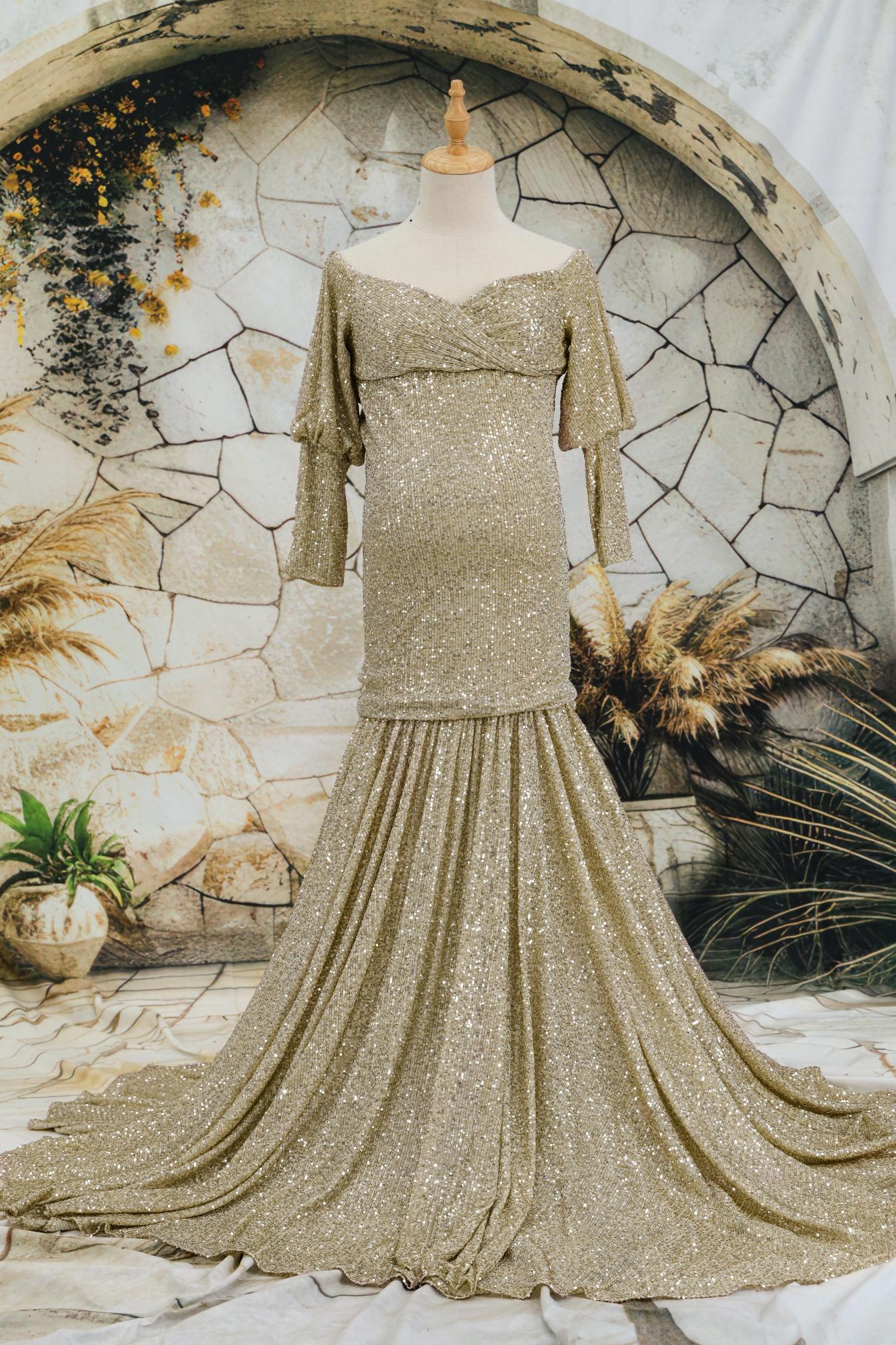 Kate Sequin Embroidery Trailing Detachable Sleeve Maternity Photoshoot Dress - Kate Backdrop.de