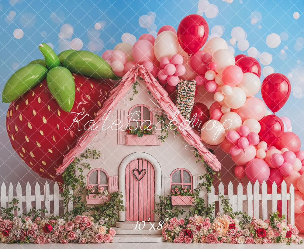 Kate Kinder Erdbeer Haus Ballons Fleece Hintergrund Entworfen von Emetselch - Kate Backdrop.de