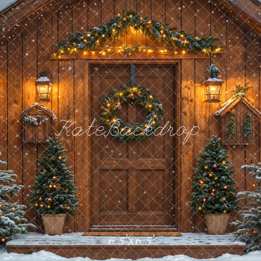 Kate Weihnachten Holzhaus Schneetannen Warmlicht Hintergrund Entworfen von Emetselch