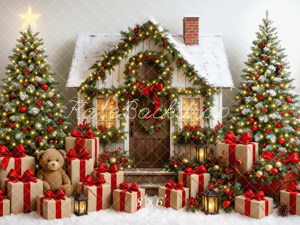 Kate Weihnachten Haus Geschenkboxen Weihnachtsbäume Hintergrund Entworfen von Patty Roberts - Kate Backdrop.de