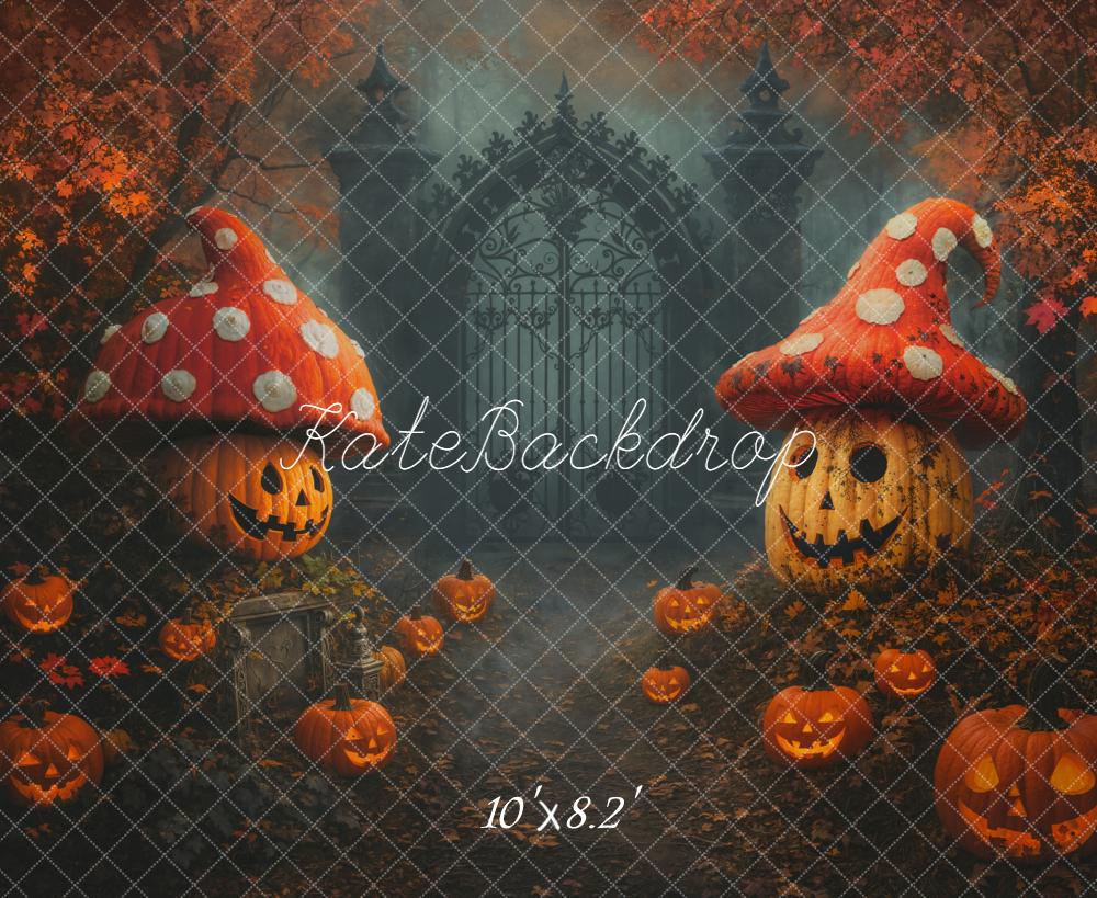 Kate Halloween Kürbis Pilzhäuser Tor Nebel Hintergrund Entworfen von Chain - Kate Backdrop.de