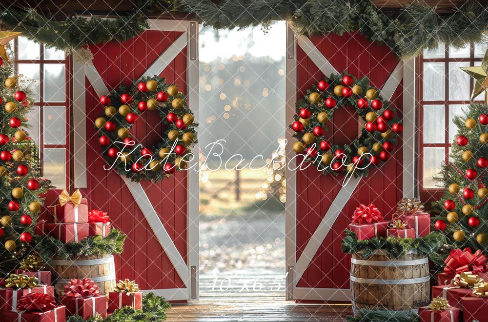 Kate Weihnachten Scheune Kränze Geschenke Rot Hintergrund Entworfen von Mini MakeBelieve - Kate Backdrop.de