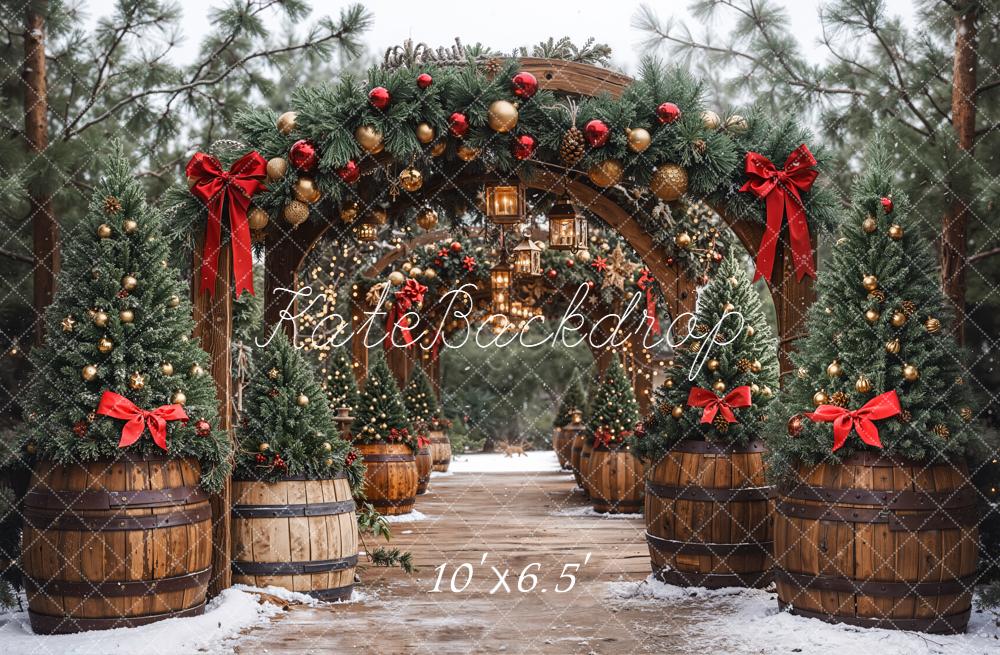 Kate Weihnachten Tannenbögen Holzfässer Rot Gold Hintergrund Entworfen von Emetselch - Kate Backdrop.de