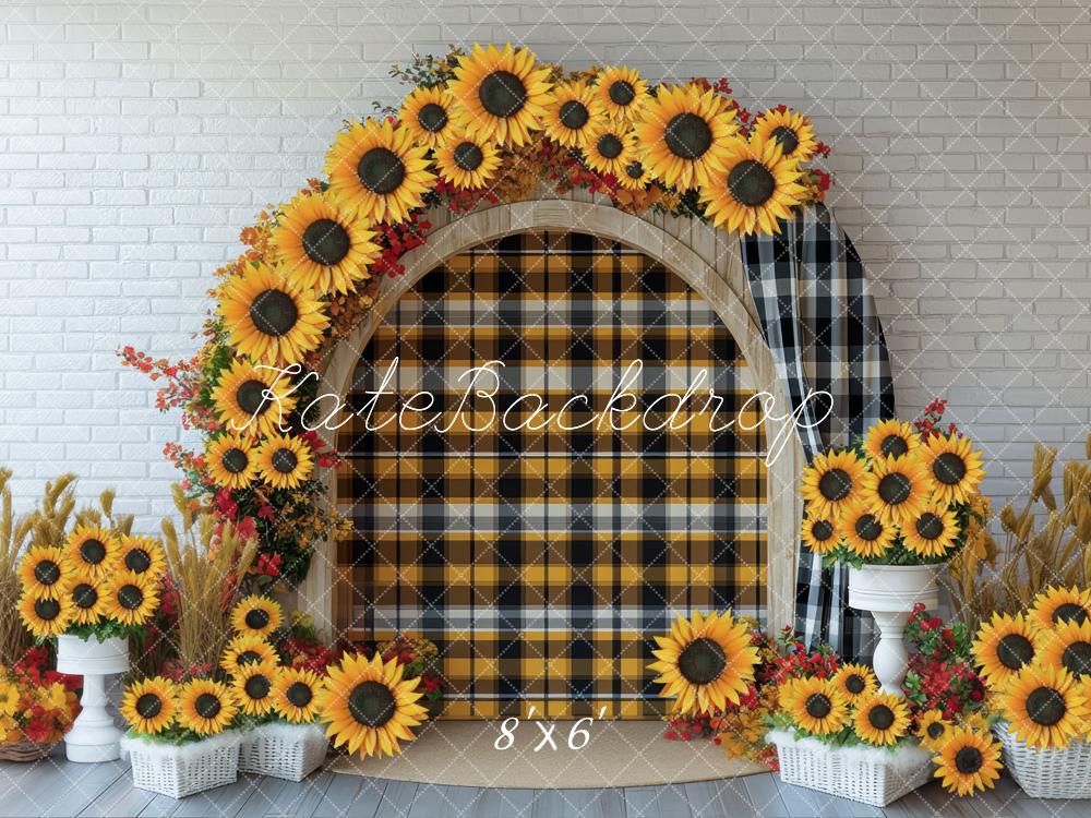 Kate Herbst Sonnenblumen Bogen Kariert Hintergrund Entworfen von Mini MakeBelieve - Kate Backdrop.de