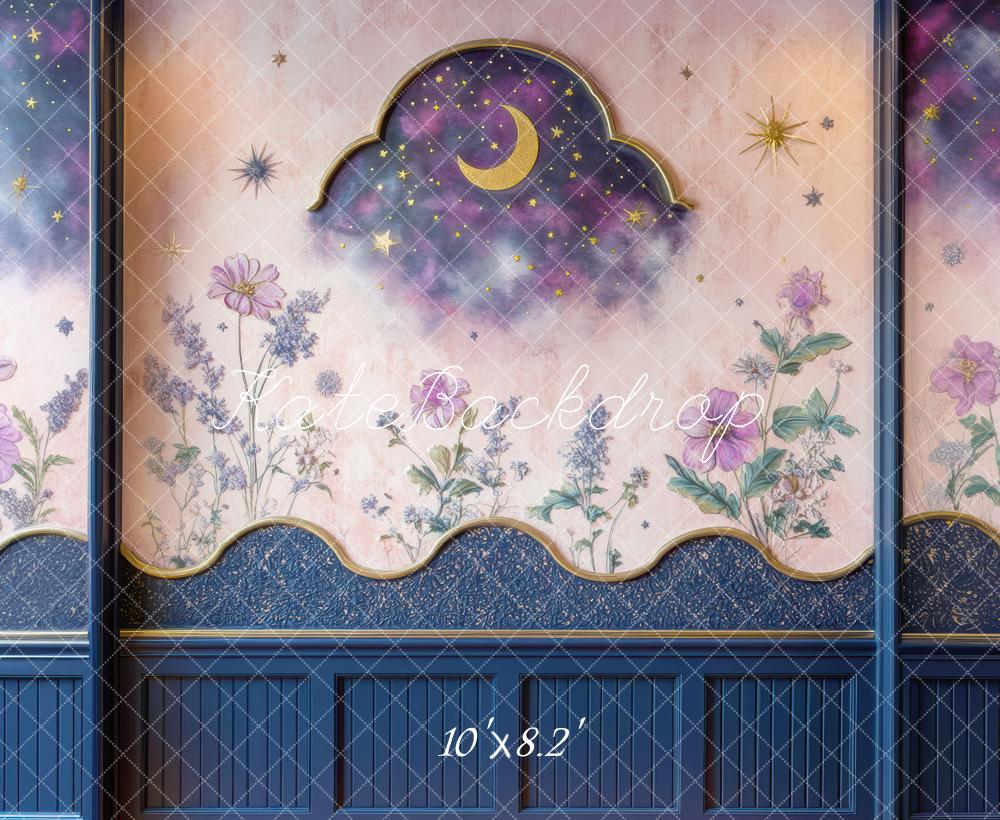 Kate Nacht Himmel Mond Sterne Blumen Hintergrund Entworfen von Mini MakeBelieve - Kate Backdrop.de