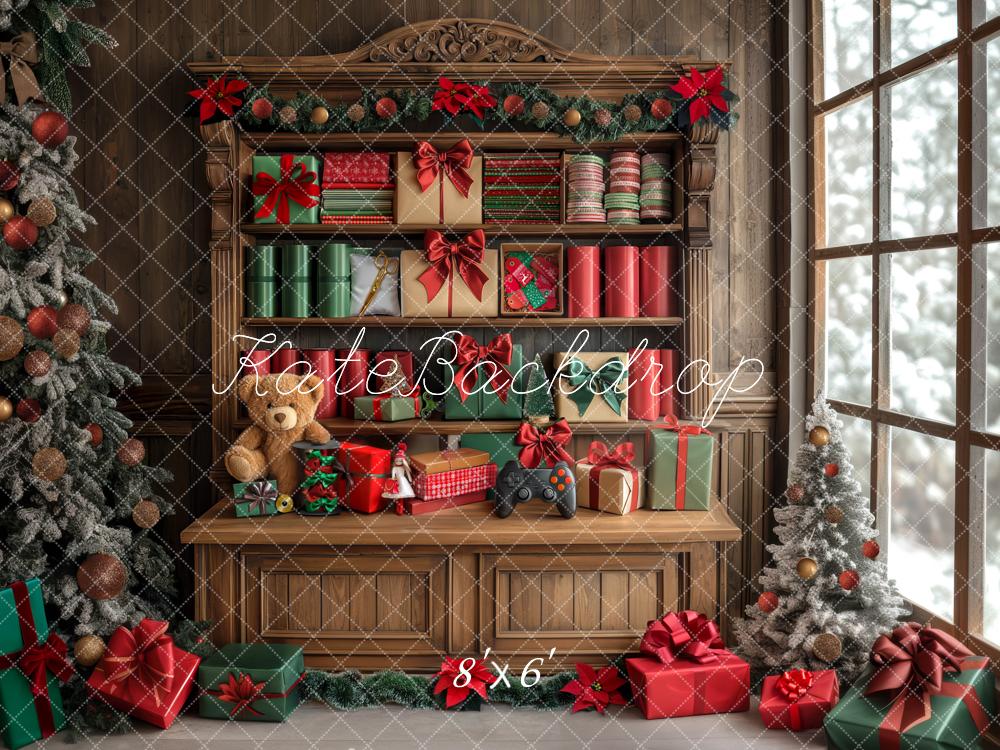 Kate Weihnachten Geschenke Schrank Braun Hintergrund Entworfen von Mini MakeBelieve - Kate Backdrop.de