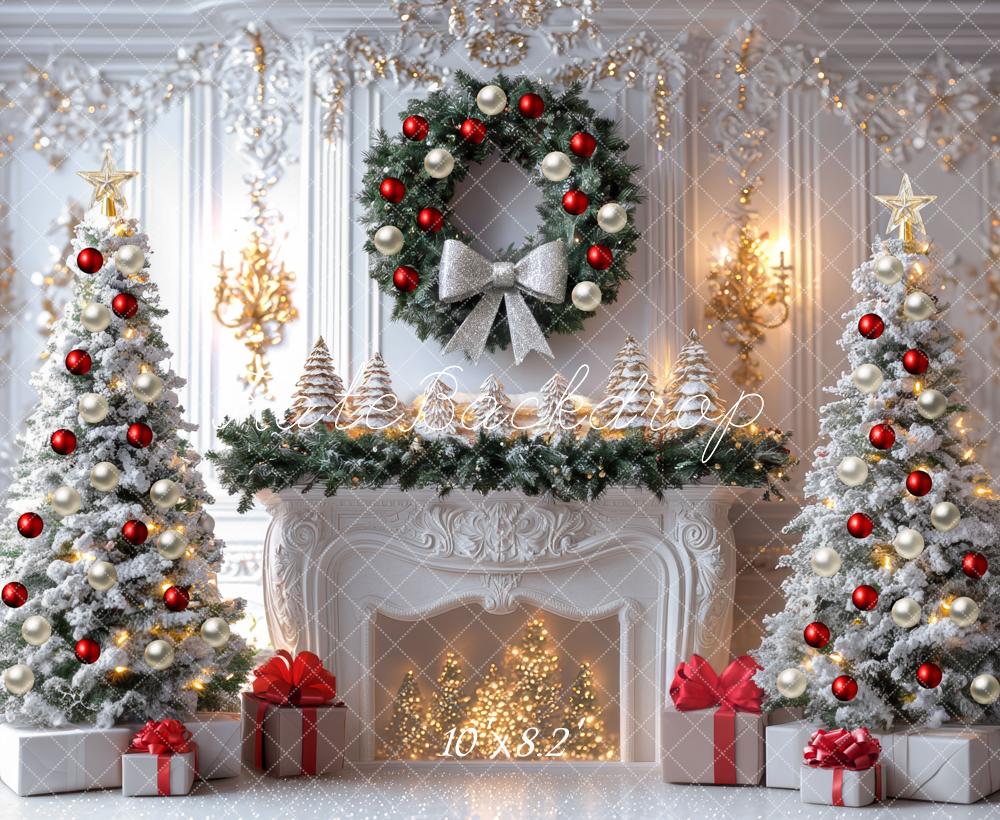 Kate Weihnachten Tannenbaum Kamin Weiß Hintergrund Entworfen von Mini MakeBelieve - Kate Backdrop.de