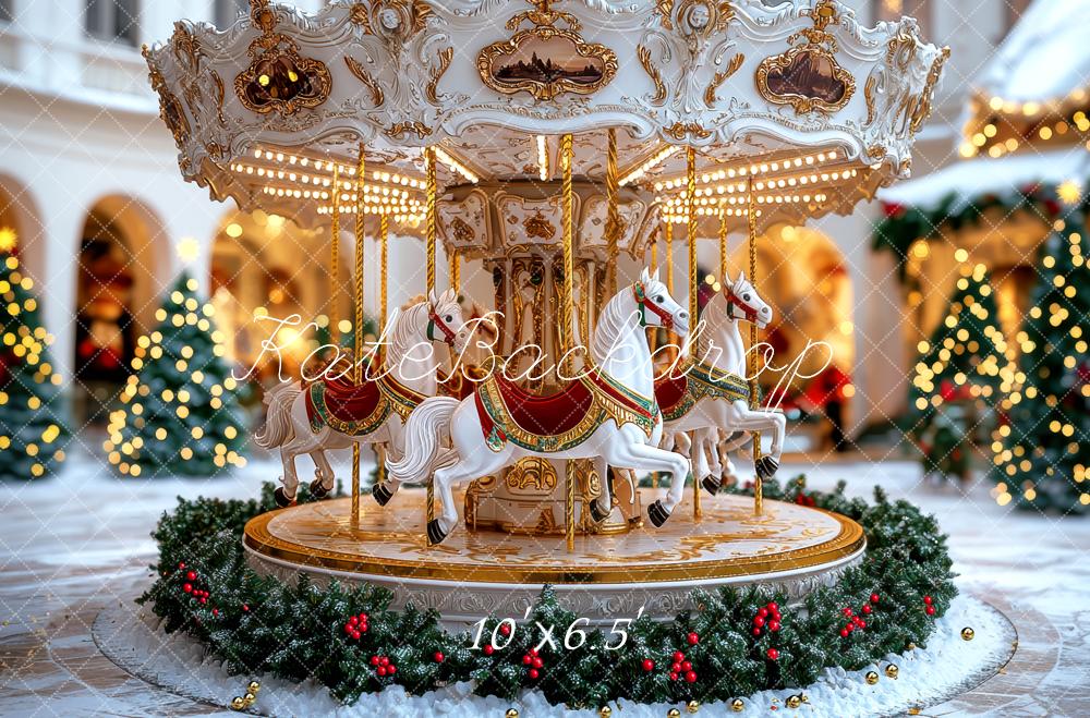 Kate Weihnachten Karussell Pferde Gold Hintergrund Entworfen von Mini MakeBelieve - Kate Backdrop.de