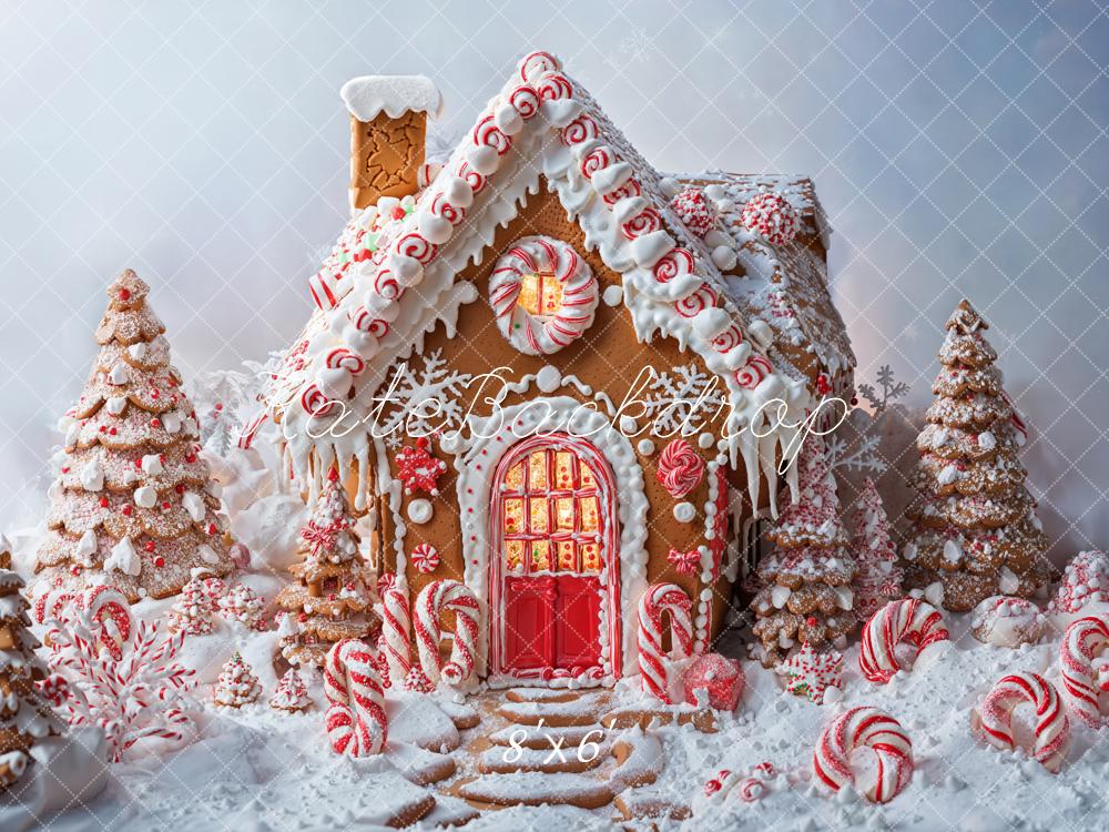 Kate Weihnachten Lebkuchenhaus Zuckerstangen Schnee Hintergrund Entworfen von Chain - Kate Backdrop.de