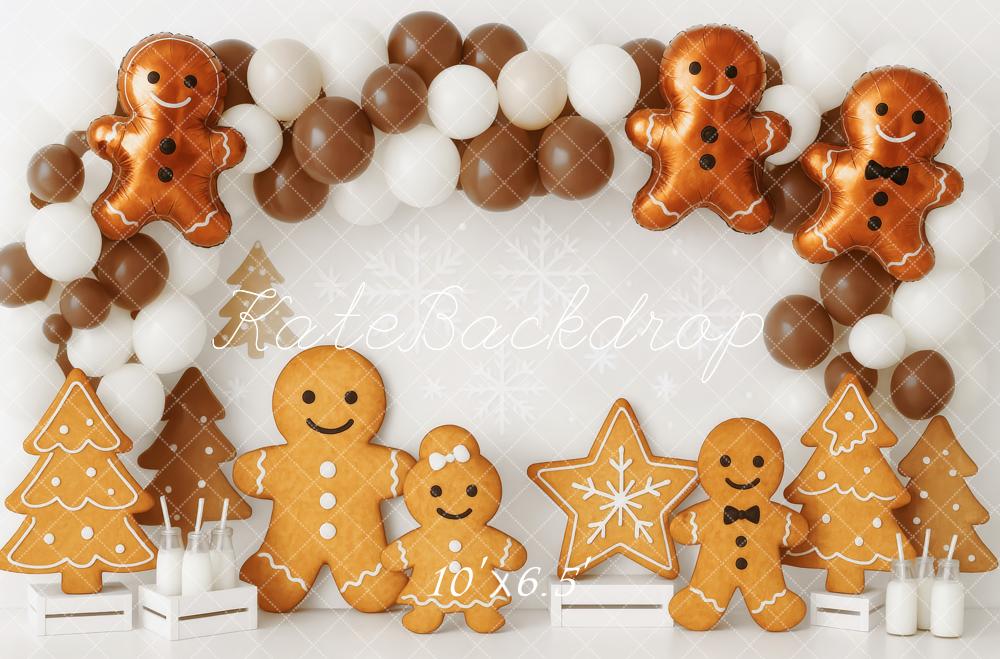 Kate Weihnachten Lebkuchen Figuren Ballons Braun Hintergrund Entworfen von Patty Roberts - Kate Backdrop.de