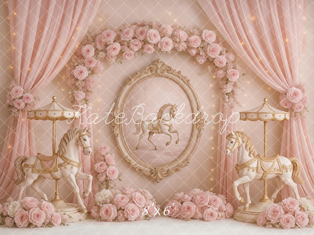 Kate Karussell Blumen Pferde Rosa Hintergrund Entworfen von Ashley Paul - Kate Backdrop.de