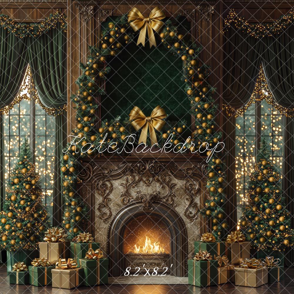 Kate Weihnachten Kamin Weihnachtsbaum Goldgrün Hintergrund Entworfen von Mini MakeBelieve - Kate Backdrop.de