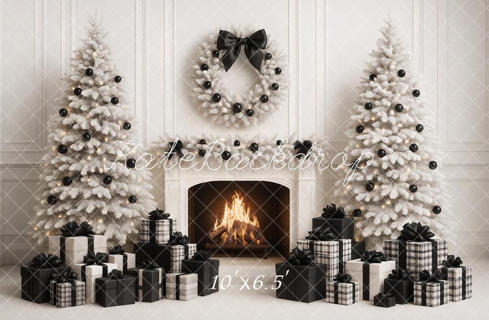 Kate Weihnachten Kamin Weiße Tannen Schwarz Weiß Hintergrund Entworfen von Ashley Paul - Kate Backdrop.de