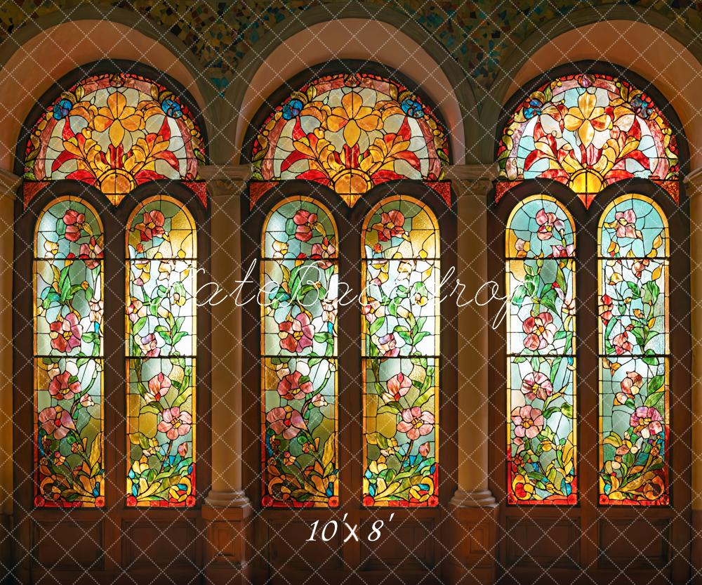 Kate Jugendstil Glasfenster Blumen Bunt Hintergrund Entworfen von Emetselch - Kate Backdrop.de