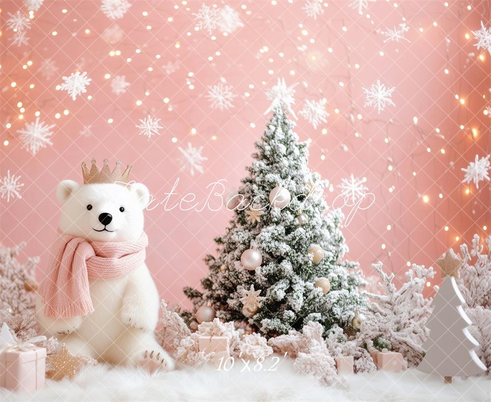 Kate Weihnachten Eisbär Schneebaum Rosa Hintergrund Entworfen von Patty Roberts - Kate Backdrop.de