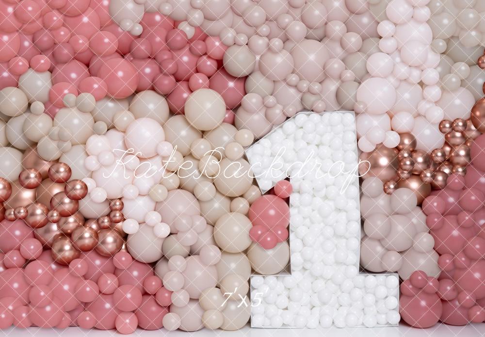 Kate Erste Geburtstag Ballonwand Rosa Creme Hintergrund Entworfen von Kerry Anderson - Kate Backdrop.de