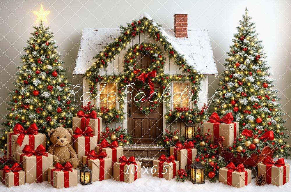 Kate Weihnachten Haus Geschenkboxen Weihnachtsbäume Hintergrund Entworfen von Patty Roberts - Kate Backdrop.de