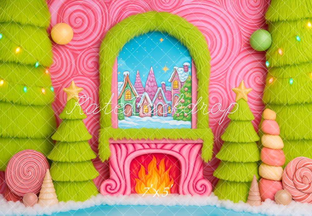 Kate Weihnachten Kamin Lebkuchenhaus Süßigkeiten Pink Hintergrund Entworfen von Patty Roberts - Kate Backdrop.de