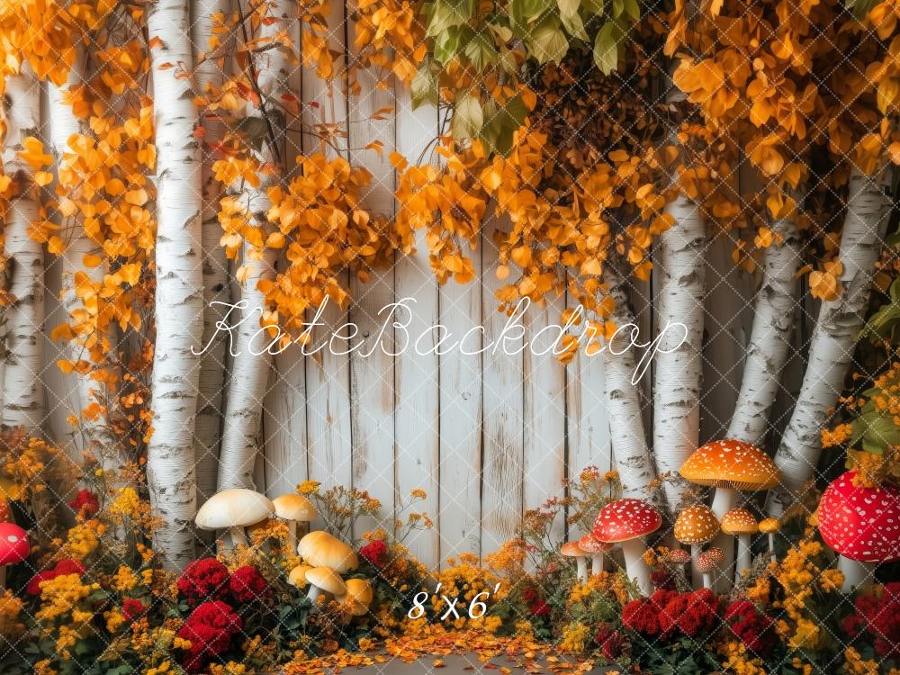 Kate Herbst Birkenstämme Pilze Orange Hintergrund Entworfen von Patty Roberts - Kate Backdrop.de