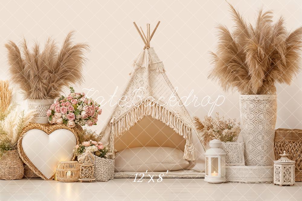 Kate Boho Zelt Pampasgras Blumen Beige Fleece Hintergrund Entworfen von Emetselch - Kate Backdrop.de