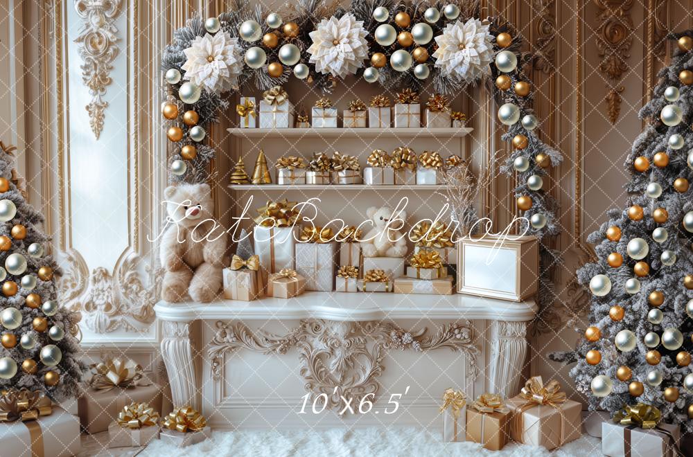 Kate Weihnachten Geschenke Festlich Gold Weiß Hintergrund Entworfen von Mini MakeBelieve - Kate Backdrop.de