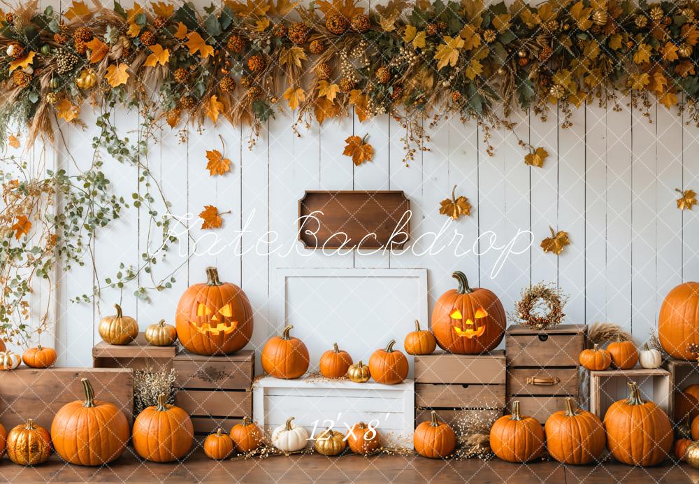 Kate Halloween Kürbisse Holzkisten Herbstlaub Fleece Hintergrund Entworfen von Emetselch