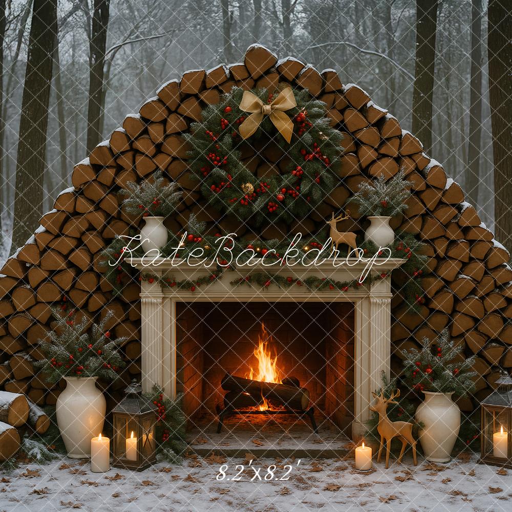 Kate Weihnachten Kamin Holzstapel Wald Hintergrund Entworfen von Ashley Paul - Kate Backdrop.de