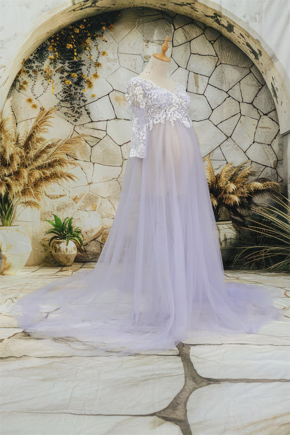 Kate Mesh Mid Sleeve Lace Trailing Multi Color Maternity Fotoshooting Kleid - Kate Backdrop.de