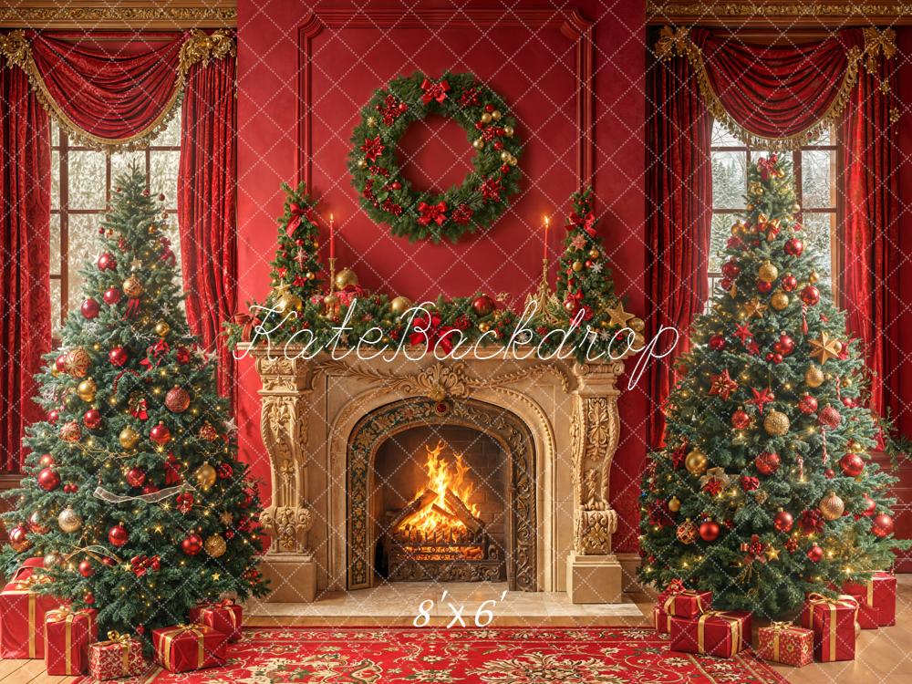 Kate Weihnachten Kamin Tannenbaum Rot Hintergrund Entworfen von Emetselch - Kate Backdrop.de