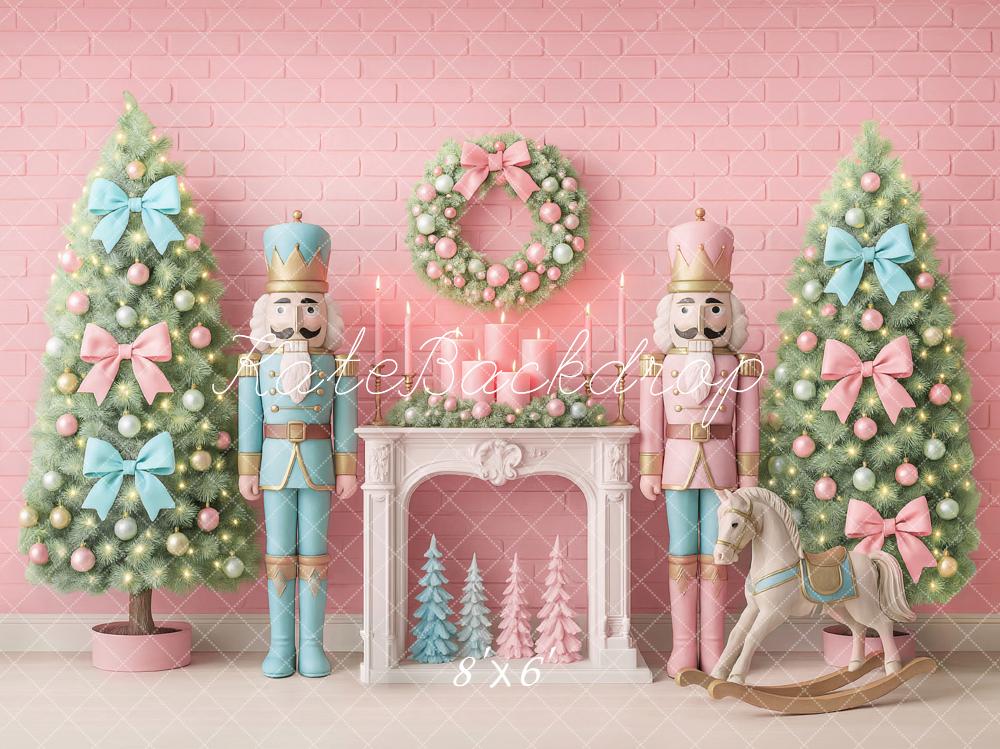Kate Weihnachten Nussknacker Kamin Pastellrosa Hintergrund Entworfen von Ashley Paul - Kate Backdrop.de