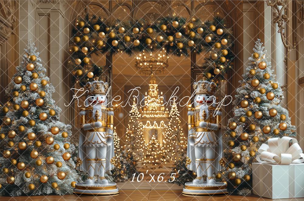 Kate Weihnachten Nussknacker Tannen Gold Hintergrund Entworfen von Mini MakeBelieve - Kate Backdrop.de