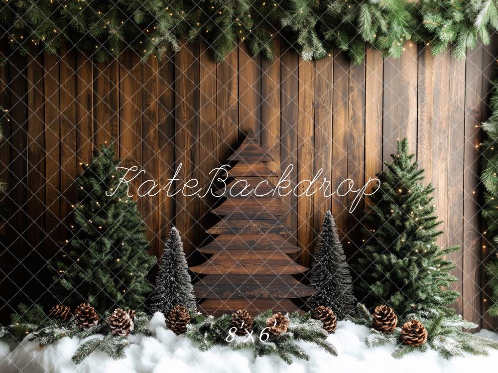 Kate Weihnachten Holz Tannen Schnee Braun Hintergrund Entworfen von Patty Roberts - Kate Backdrop.de