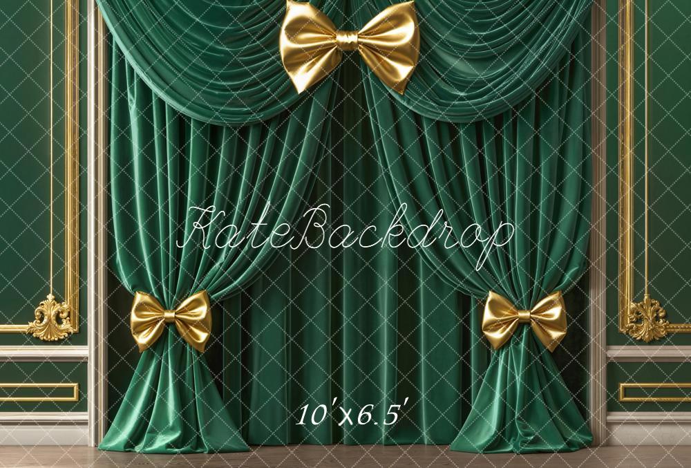 Kate Luxus Grüner Vorhang Goldene Schleifen Fleece Hintergrund Entworfen von Emetselch - Kate Backdrop.de