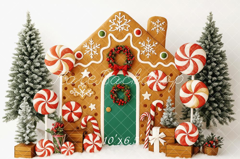 Kate Weihnachten Lebkuchenhaus Lollipops Schnee Hintergrund Entworfen von Patty Roberts - Kate Backdrop.de