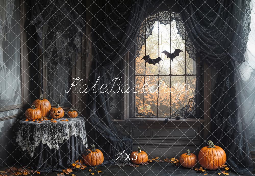 Kate Halloween Kürbis Fenster Spinnennetz Hintergrund Entworfen von Emetselch - Kate Backdrop.de