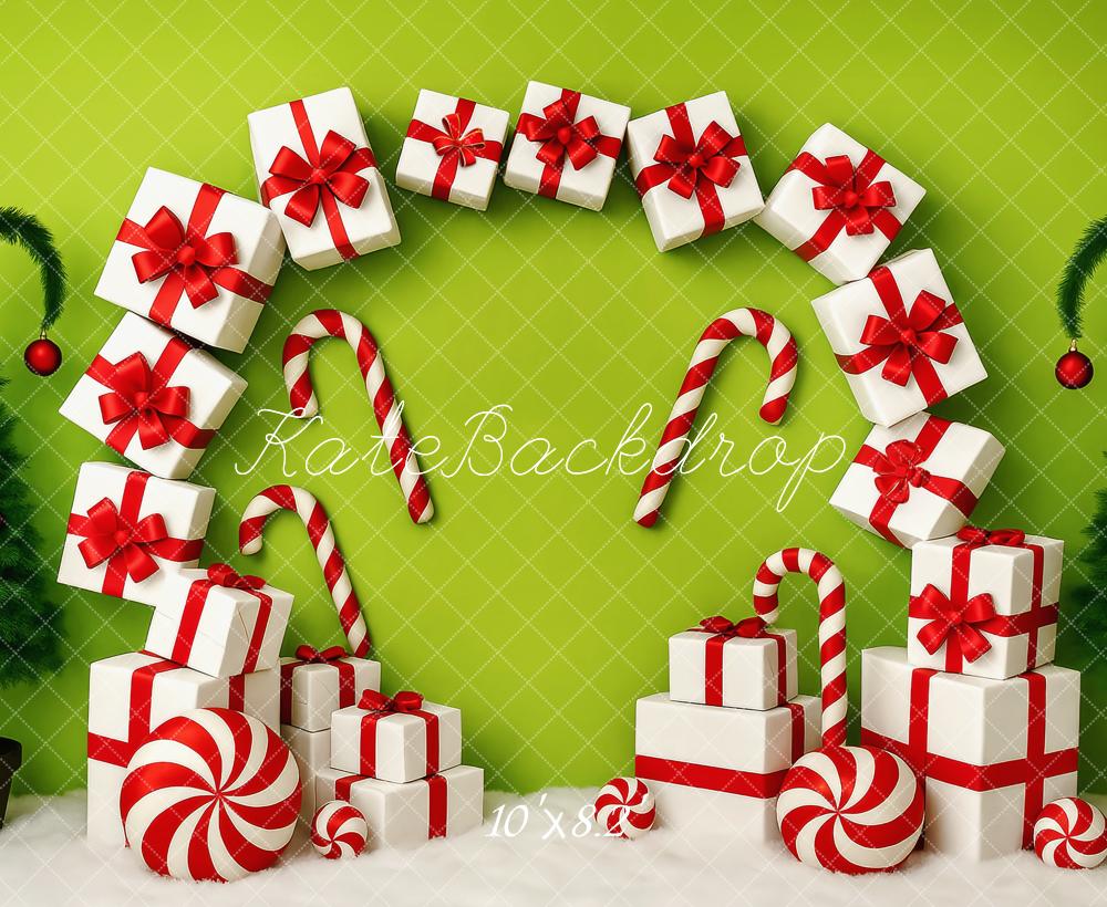 Kate Weihnachten Geschenke Zuckerstangen Grün Hintergrund Entworfen von Patty Roberts - Kate Backdrop.de