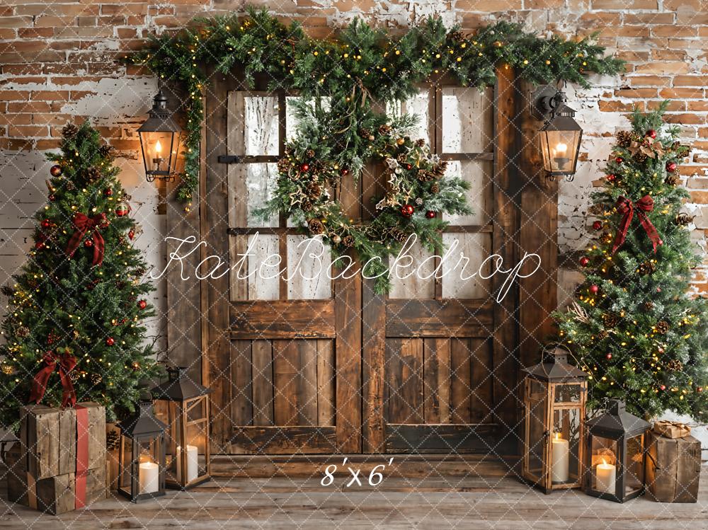 Kate Weihnachten Tür Kranz Weihnachtsbäume Braun Hintergrund Entworfen von Emetselch - Kate Backdrop.de