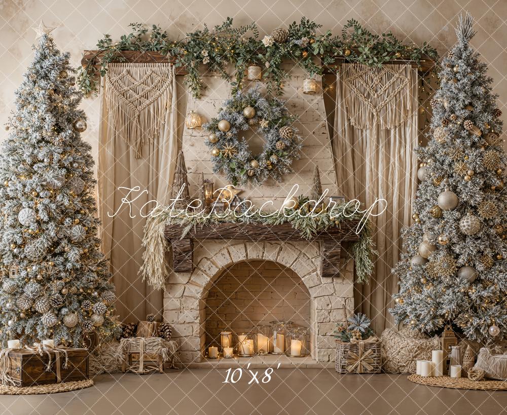 Kate Weihnachten Kamin Girlande Schnee Bäume Fleece Hintergrund Entworfen von Emetselch - Kate Backdrop.de
