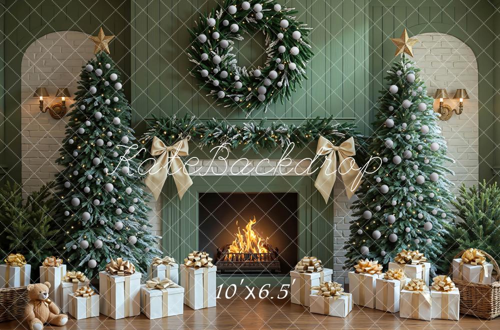 Kate Weihnachten Kamin Tannenbaum Grün Hintergrund Entworfen von Mini MakeBelieve - Kate Backdrop.de